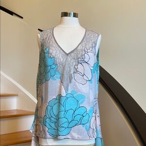 Floral Lace Trim Sleeveless Top - Blue and Gray